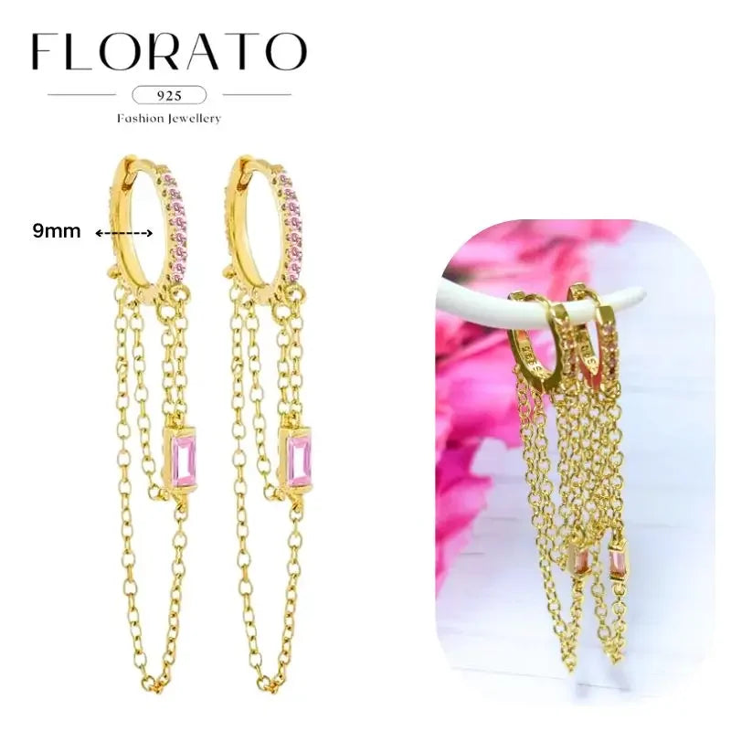 Hoop earrings by Florato: 925 gold-tone with pink zircon pendants and delicate chain drops (pair)
