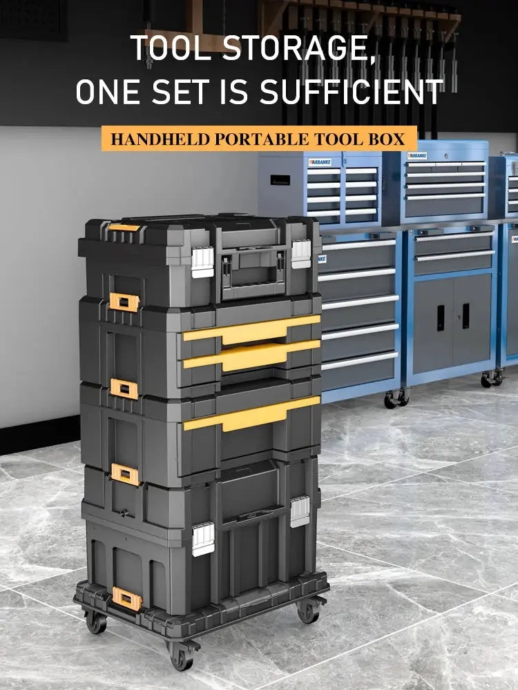 AIRAJ stackable modular toolbox set on a wheeled cart with yellow handles in a workshop