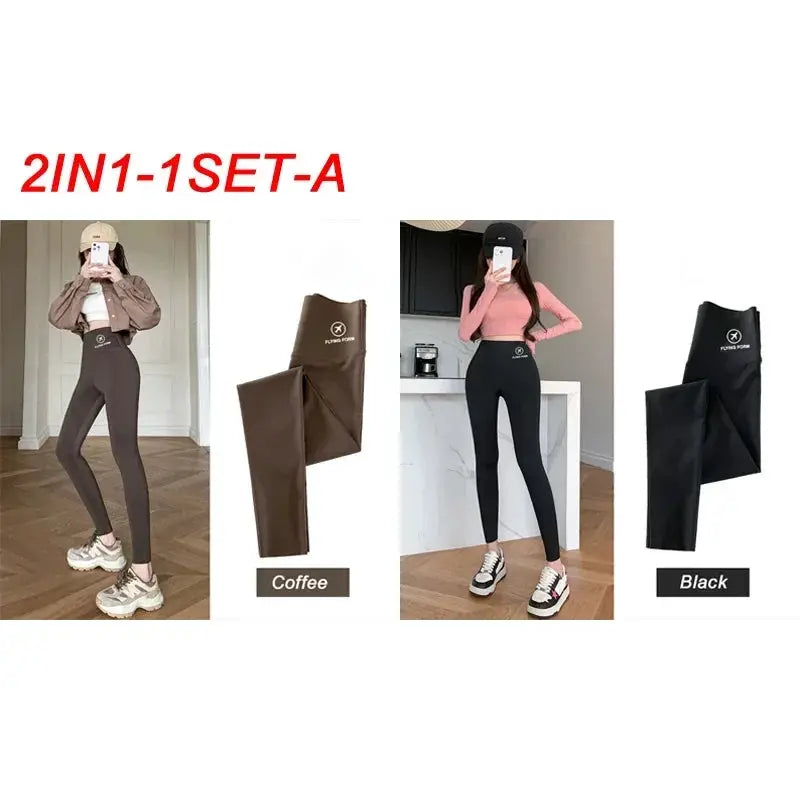 Women's high-waisted yoga leggings set in coffee brown and black, 2-in-1 color options