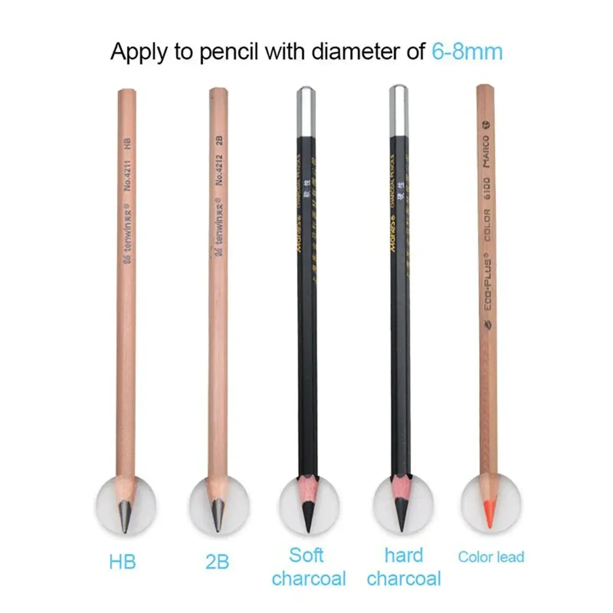 Desktop electric pencil sharpener for 6–8mm pencils; five pencils shown (HB, 2B, charcoal, color lead)