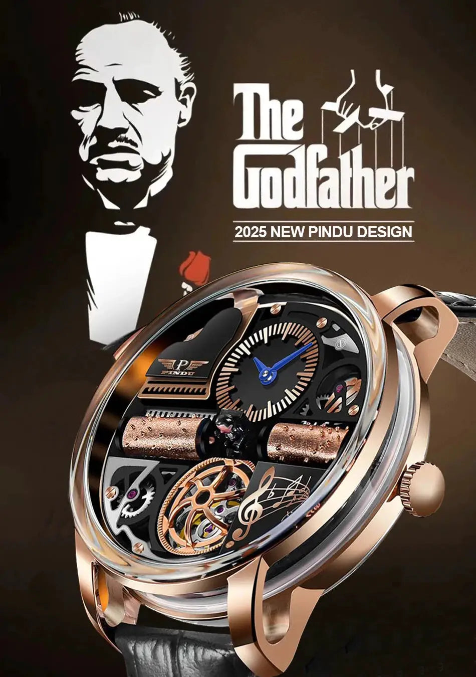 PINDU Design Music Series skeleton automatic watch in rose-gold stainless steel with sapphire glass and Godfather logo