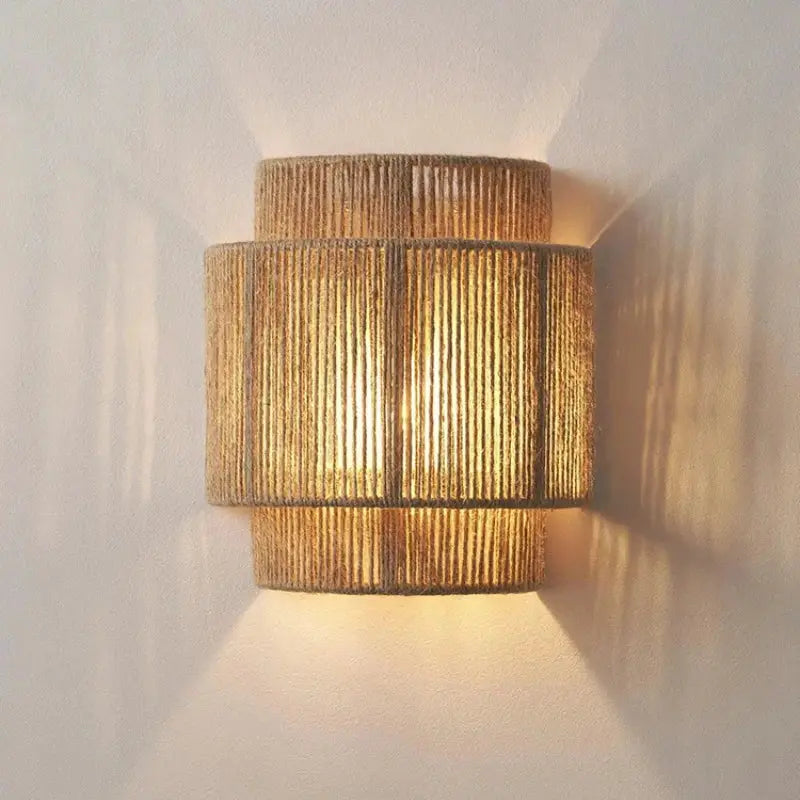 Retro rattan weaving hemp rope wall lamp shade with warm LED glow