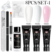 MEET ACROSS extension nail gel kit by Simples Market; 8-piece set with MA001–MA004 swatches, 3 gel tubes, 20 clear tips