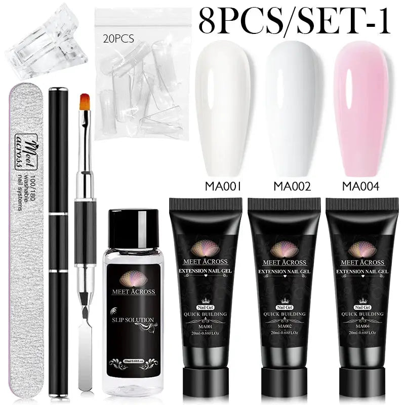 MEET ACROSS extension nail gel kit by Simples Market; 8-piece set with MA001–MA004 swatches, 3 gel tubes, 20 clear tips