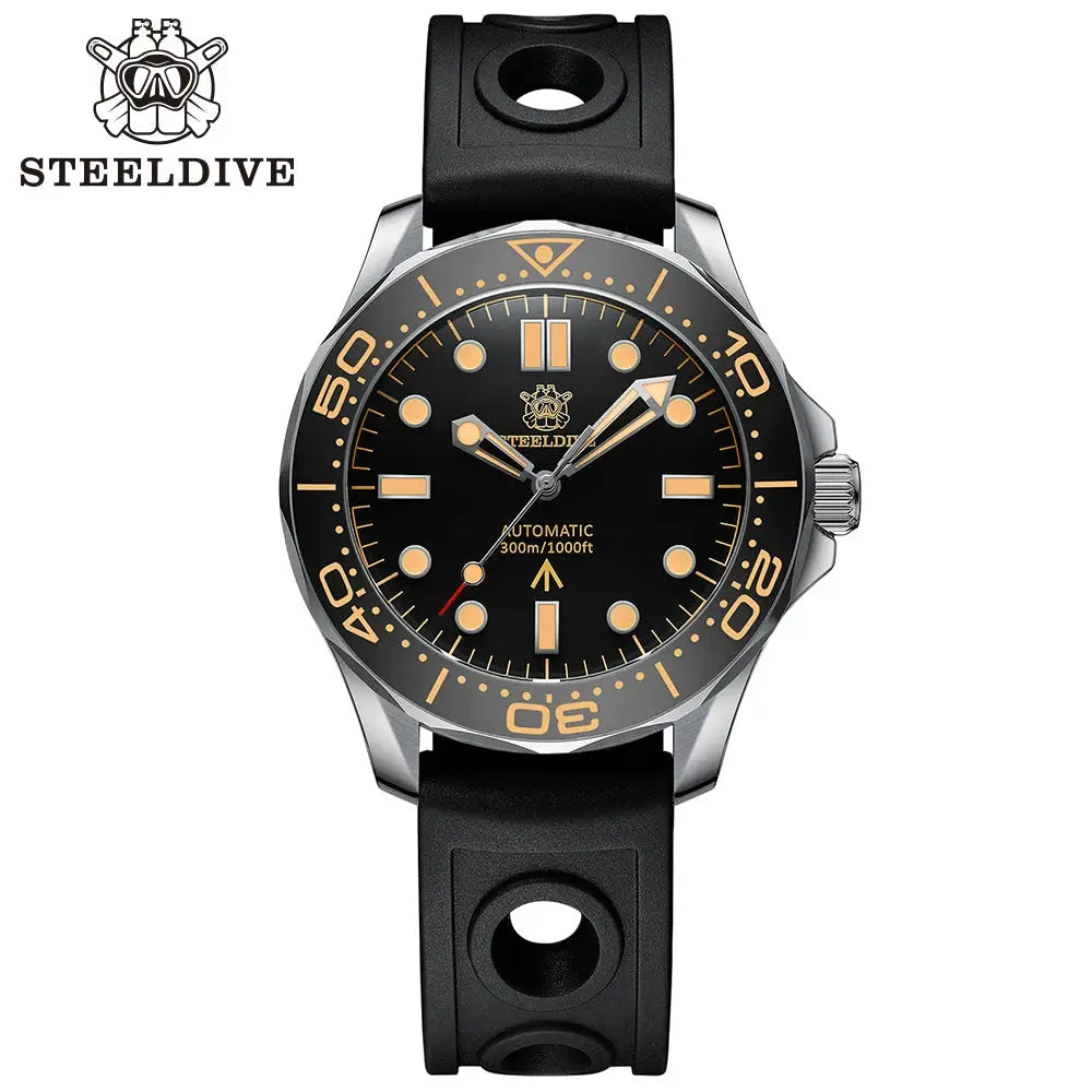 STEELDIVE SD1957 automatic dive watch with black dial, gold-tone markers, 42mm ceramic bezel and rubber strap