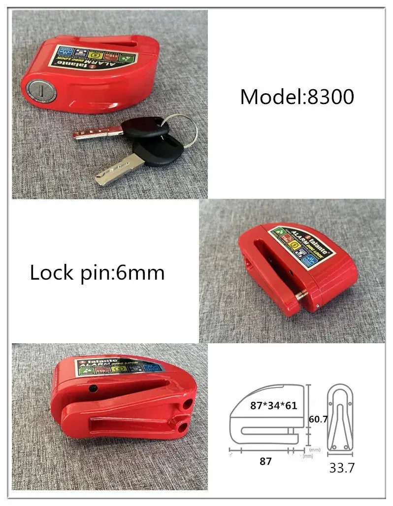 Falante alarm disc lock by Simples Market, red aluminium alloy, model 8300, 6mm pin, waterproof.