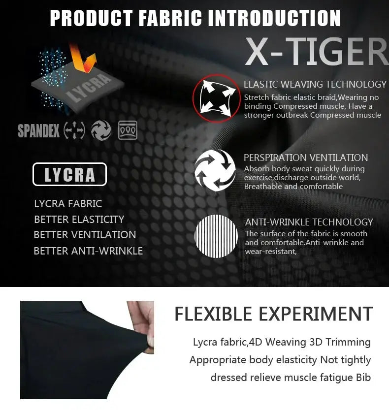 X-TIGER men's cycling shorts, black Lycra fabric with 5D Coolmax gel pad for breathable comfort