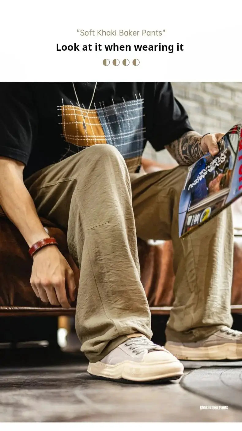 Maden men's vintage chino pants in khaki linen-blend with elastic waist; lightweight casual trousers