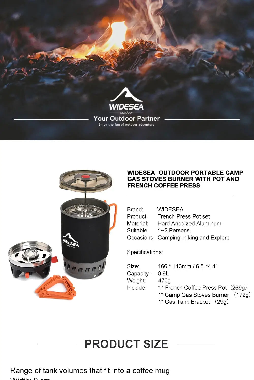 Widesea outdoor portable camp gas stove set with pot and French press; black insulated pot with orange handle