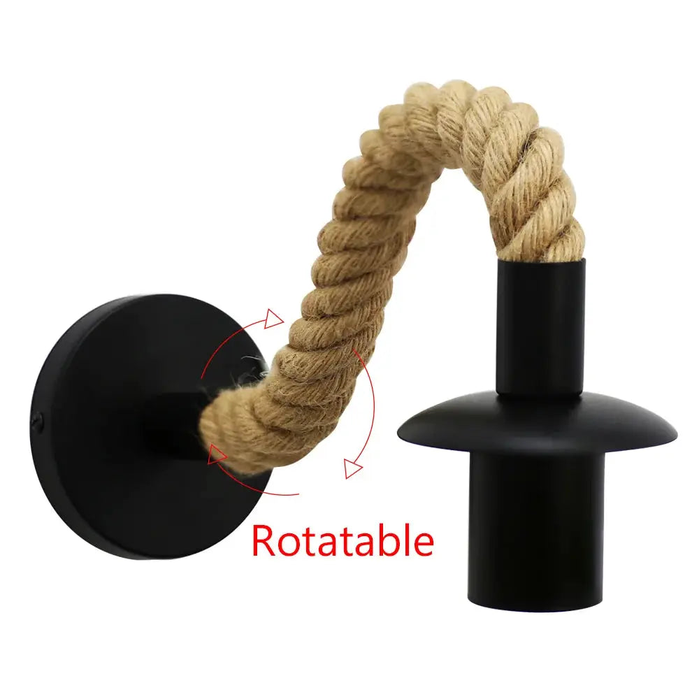 Retro hemp rope E27 Edison bulb rotatable wall lamp in black iron by Simples Market.