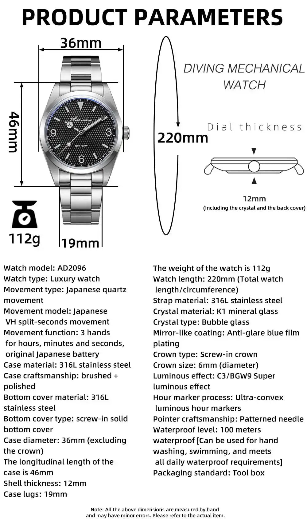 ADDIESDIVE AD2096 men's analog watch with stainless steel bracelet, bubble mirror glass, 100m water resistance, luminous dial