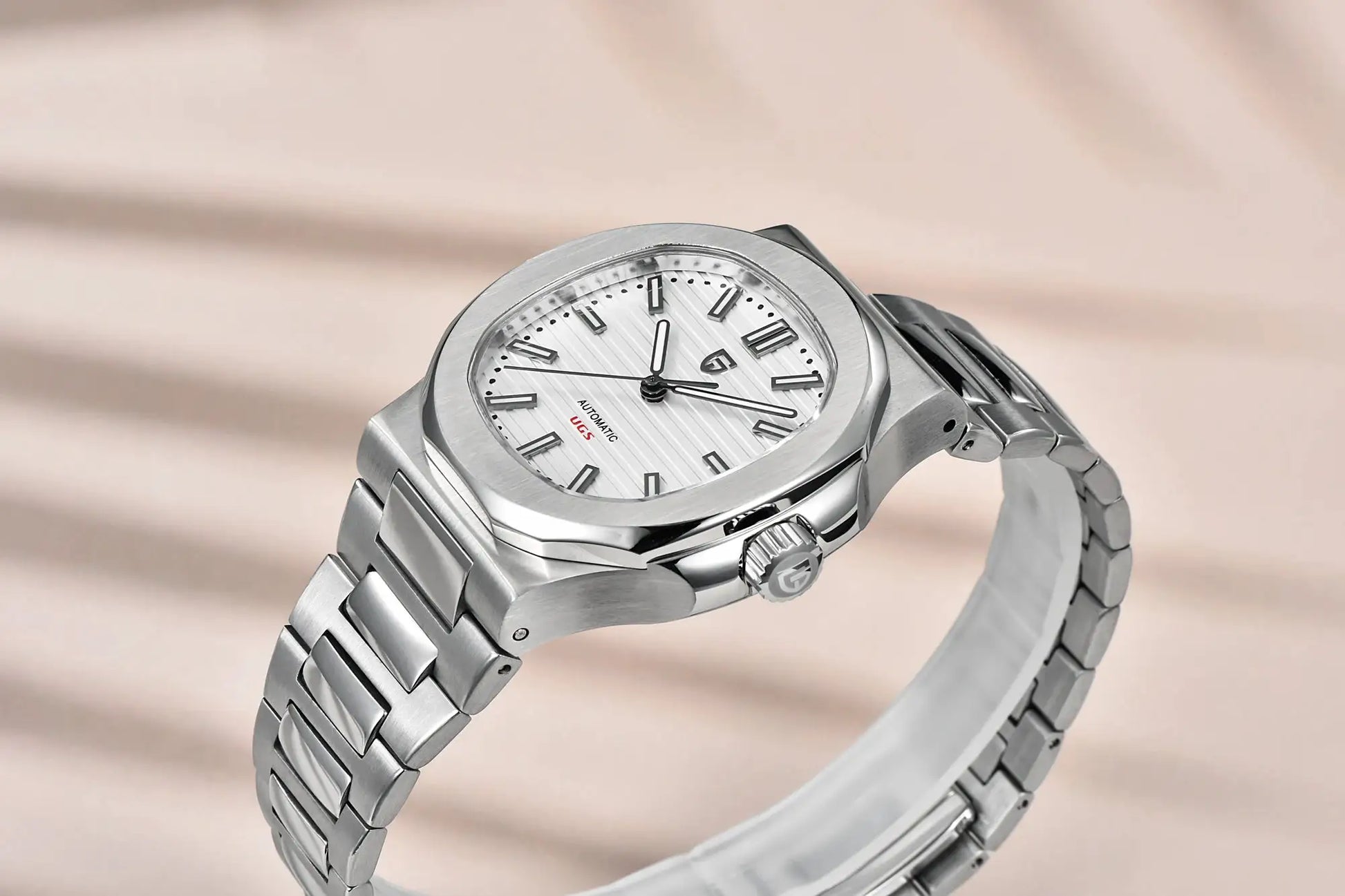 Watch, men's stainless steel automatic wristwatch with white striped dial and 40mm case