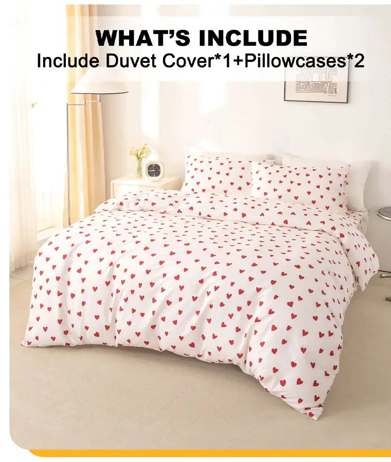 3-piece duvet cover set by Simples Market, red heart print; includes duvet cover and 2 pillowcases