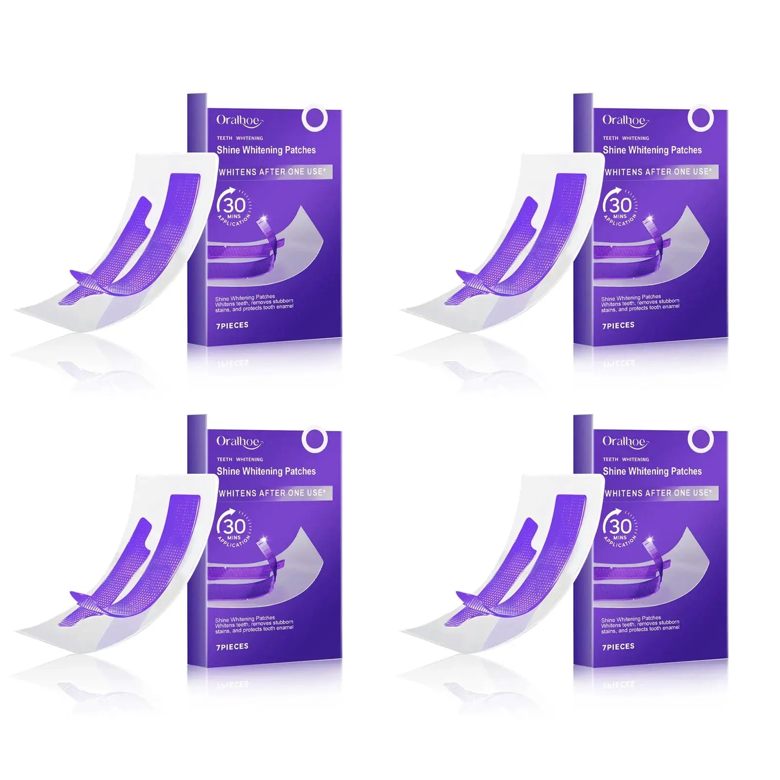 Oralhoe Shine Whitening Patches teeth whitening boxes in purple packaging, 7 pieces per box, 8 boxes shown.