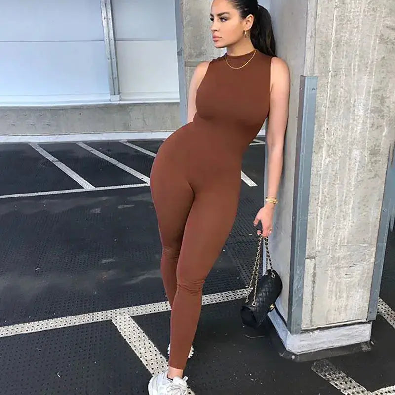 Pencil jumpsuit for women, sleeveless brown slim-fit activewear full-length one-piece outfit