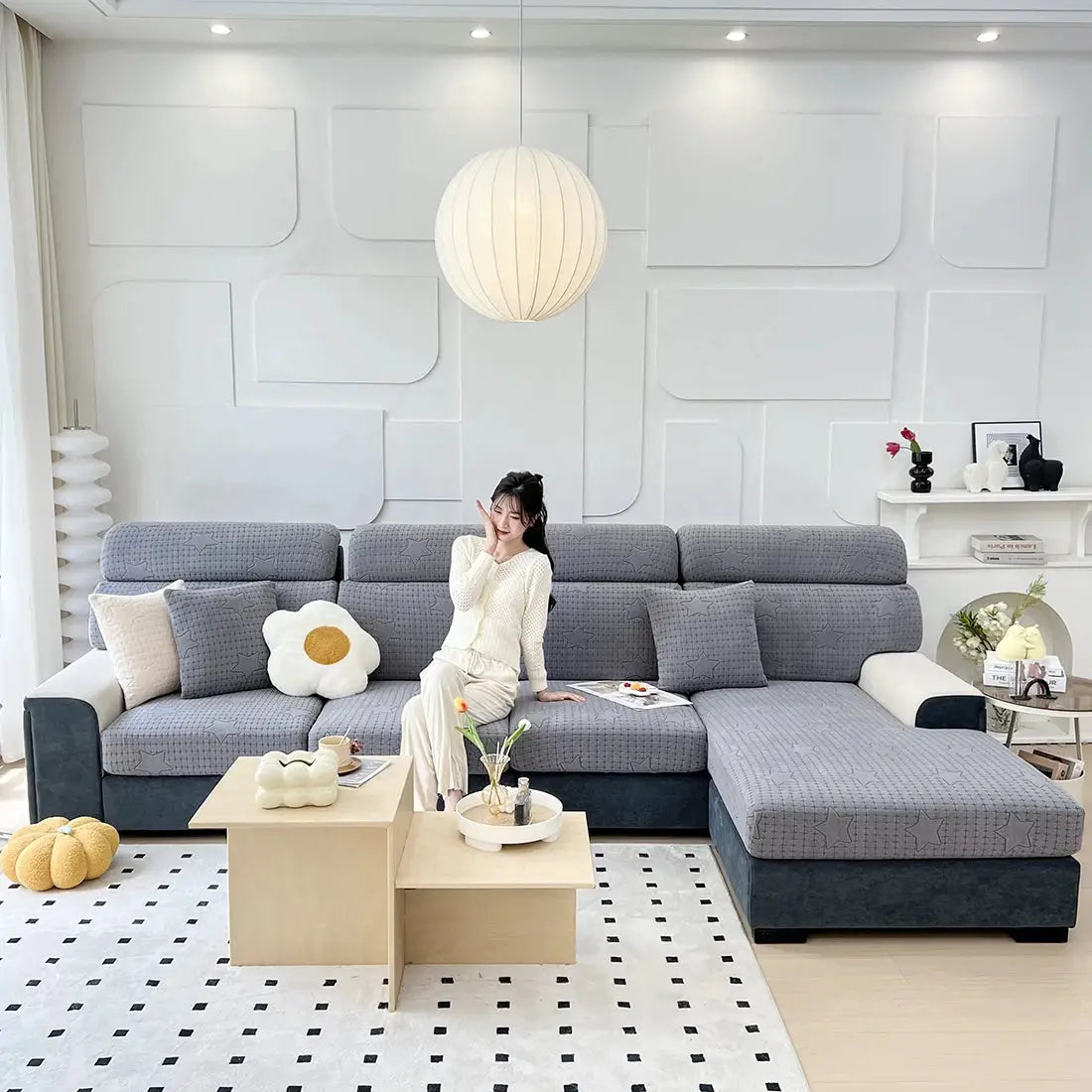 Gray jacquard stretch sofa cushion covers set with star pattern; removable, washable furniture protector