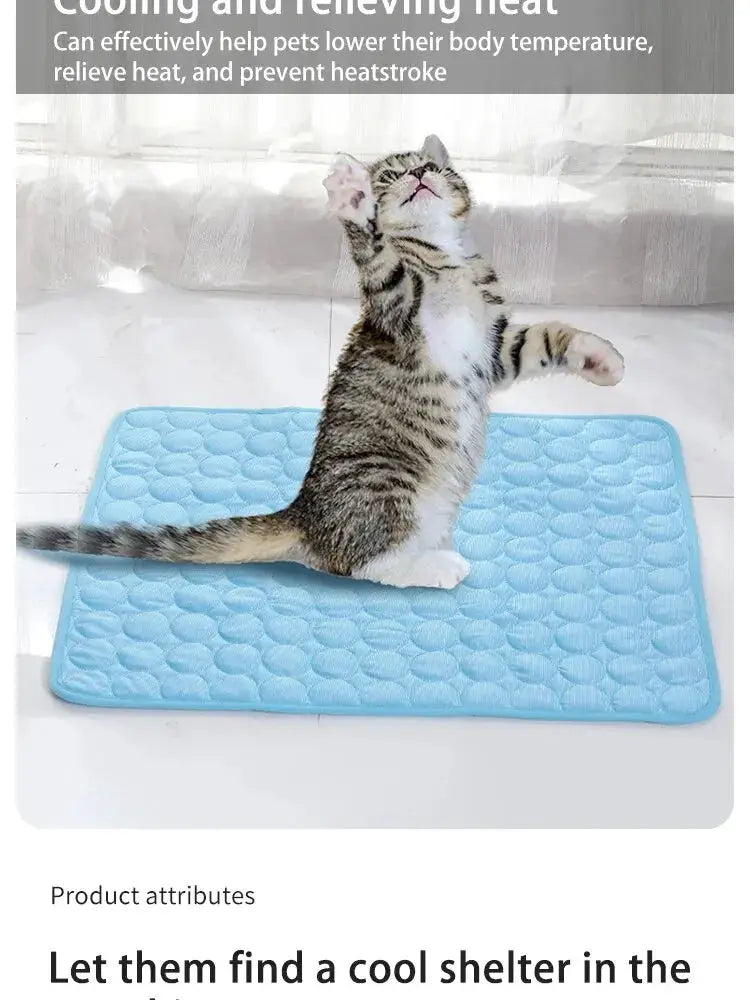 Simples Market pet ice mat cooling pad in blue; quilted surface with a cat on it.