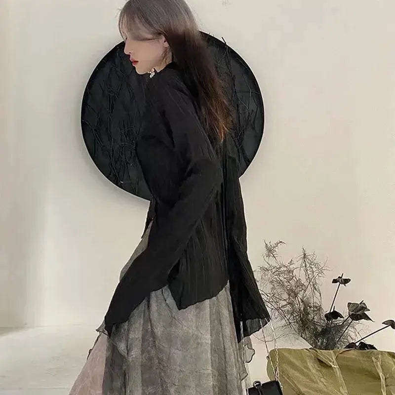 Karrram Gothic black shirt, Yamamoto-inspired irregular blouse with asymmetric hem