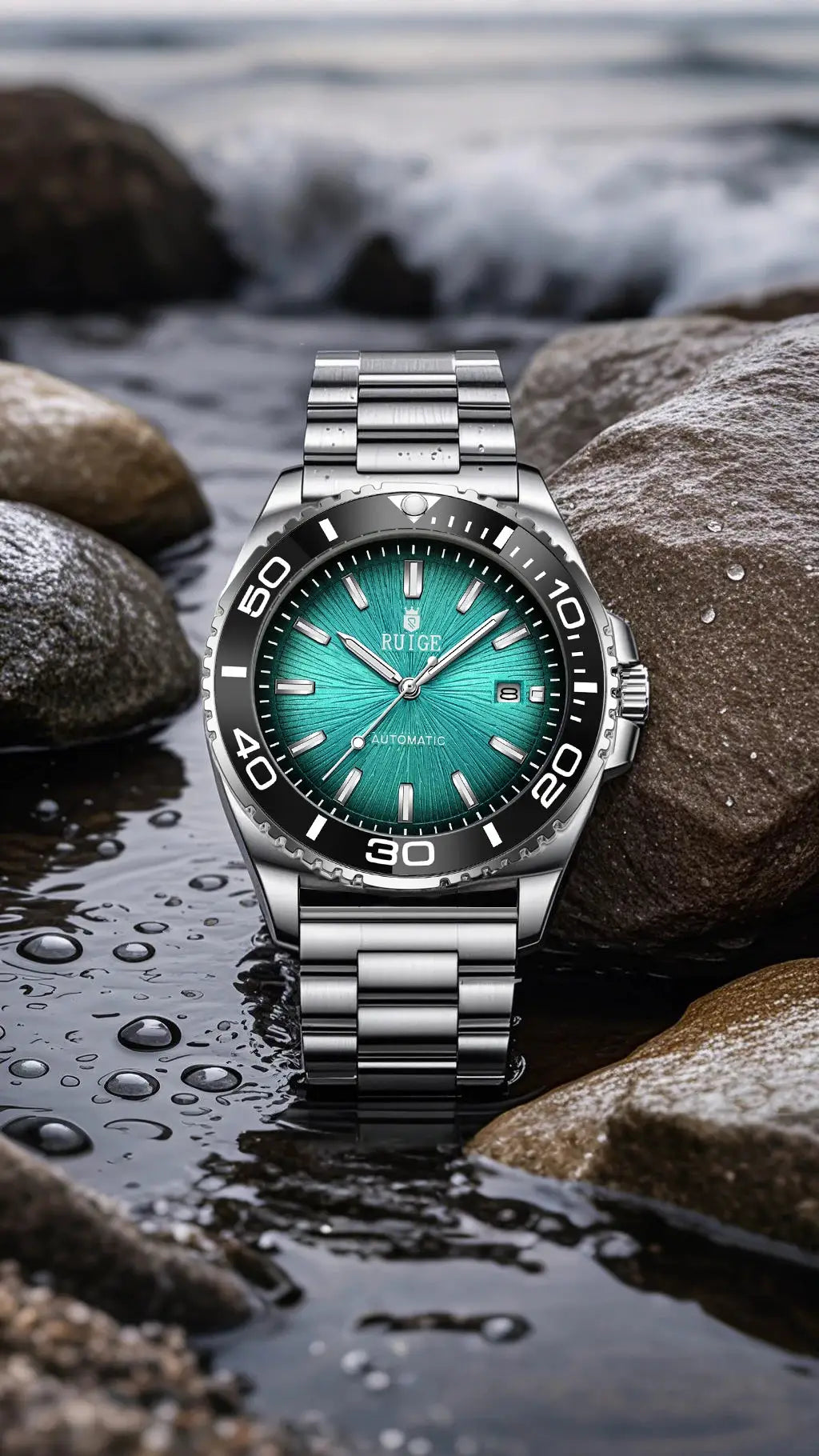 RUIGE stainless steel automatic men's watch with teal dial, calendar date window, water resistant