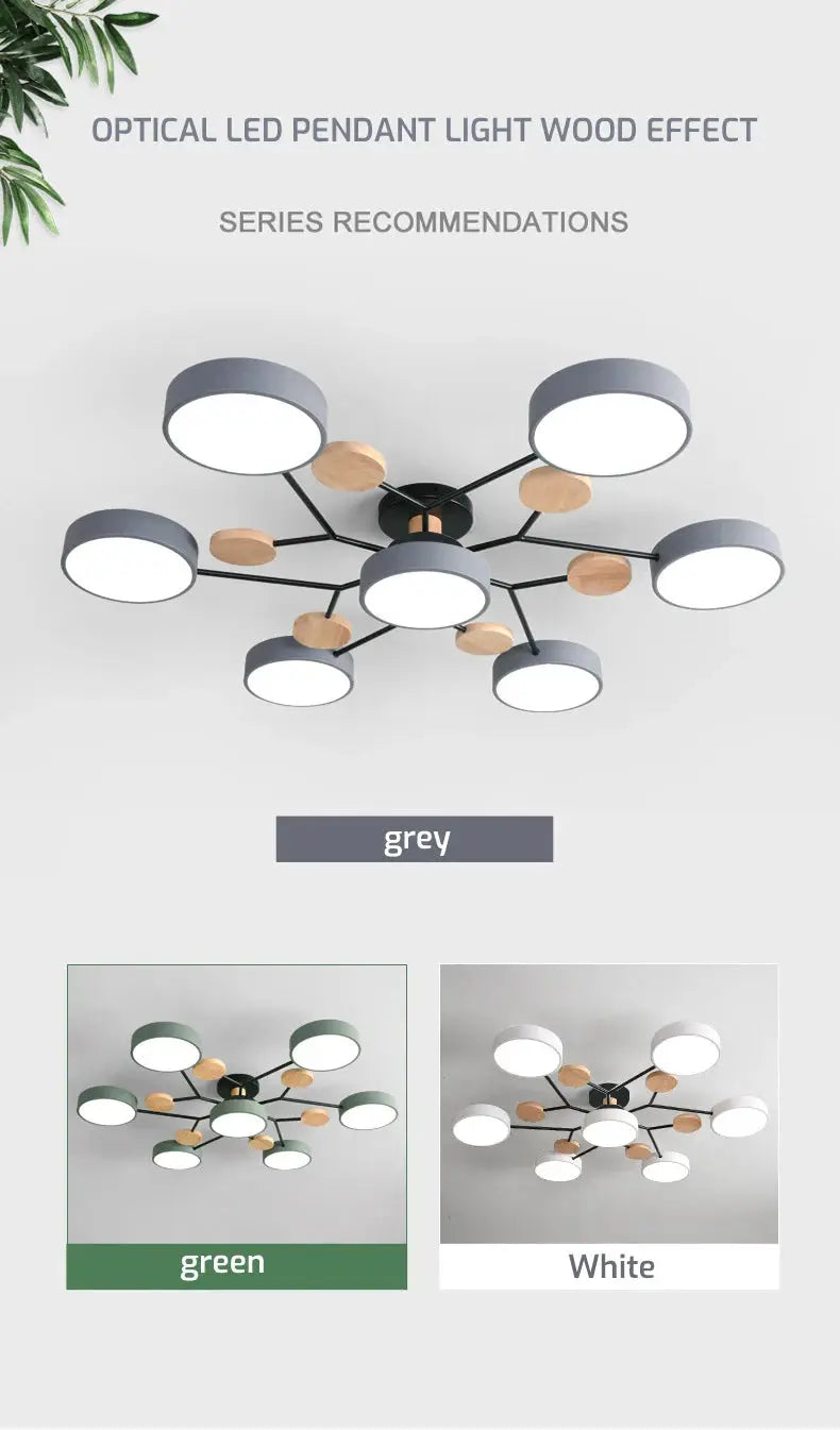 Modern LED chandelier ceiling pendant light in grey finish with wood discs and black metal arms.