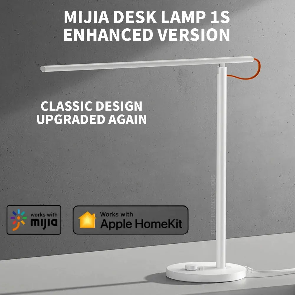 MIJIA Desk Lamp 1S Enhanced Version, white foldable desk light with MIJIA and Apple HomeKit compatibility.