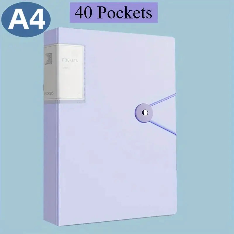 Lavender A4 binder with 40 pockets, elastic strap closure, portfolio document organizer