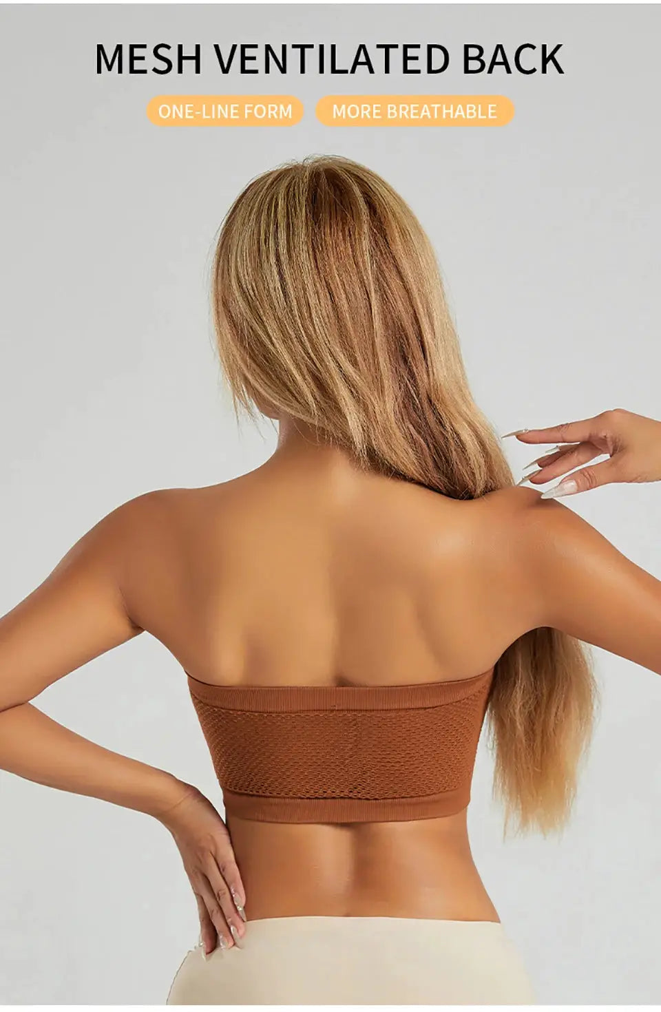 Simples Market women's plus-size strapless bandeau bra with brown mesh back, seamless wireless bralette