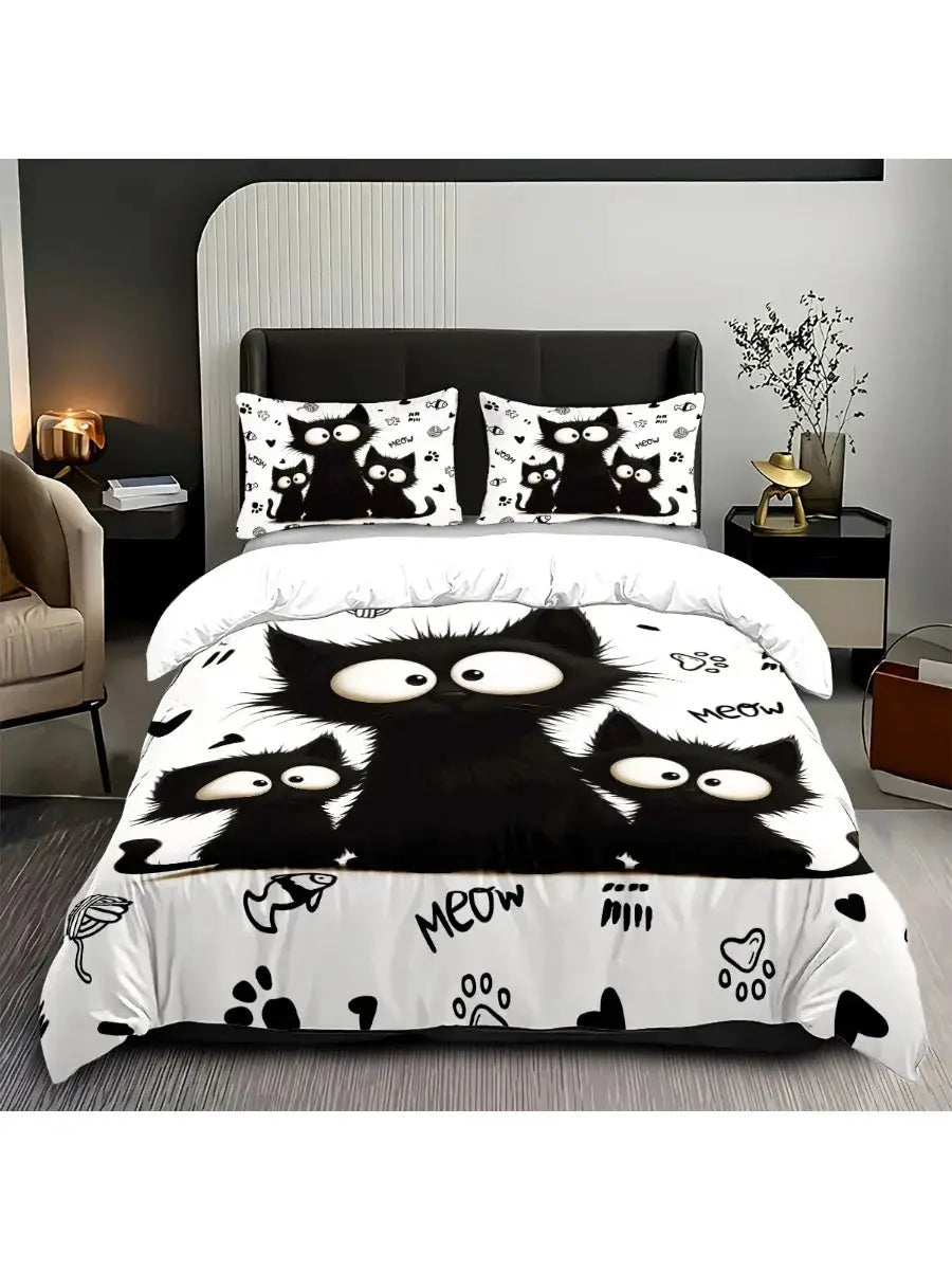 Simples Market 3pc black cat bedding set: duvet cover and 2 pillowcases on white with large cat prints