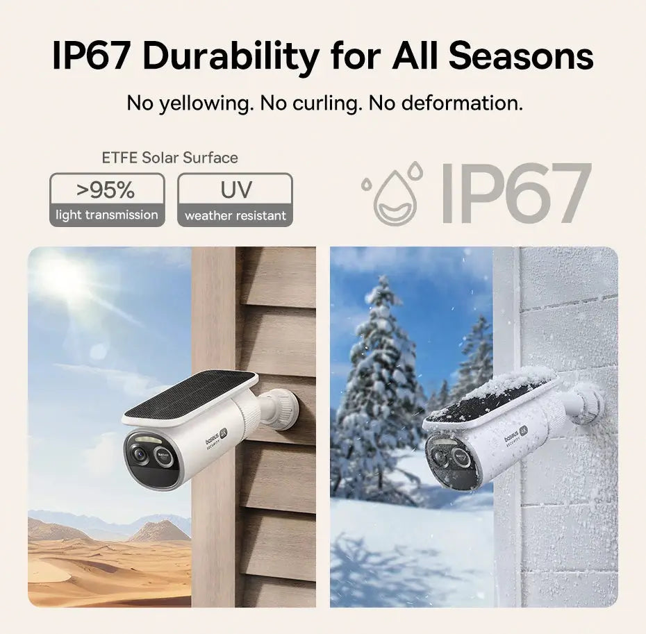 Baseus Security S2 Outdoor Camera by Simples Market; white, solar-powered wireless 4K IP67 camera with solar panel.