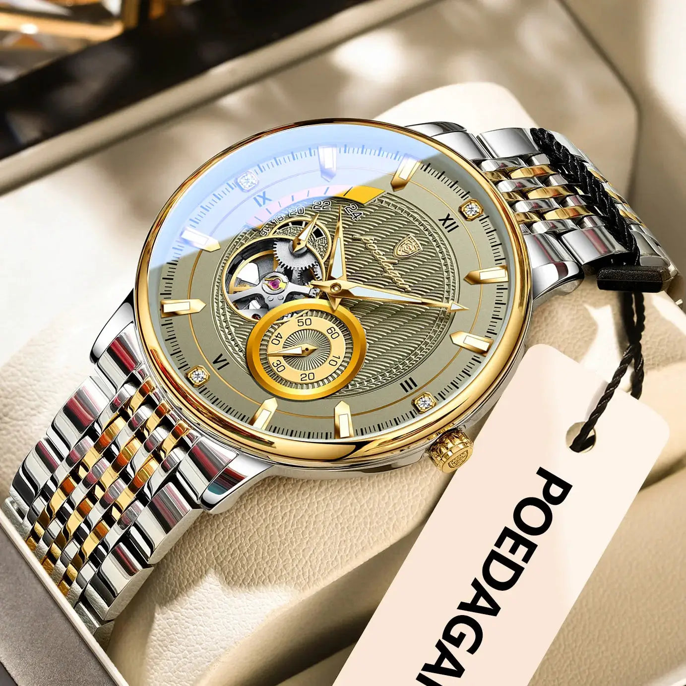 POEDAGAR luxury men's wristwatch with hollow tourbillon and two-tone stainless steel bracelet
