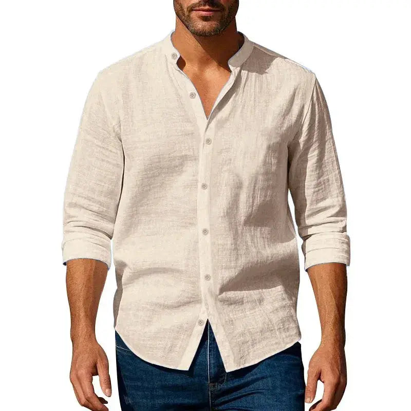 Simples Market men's cotton linen shirt, light beige, breathable slim-fit long-sleeve button-up