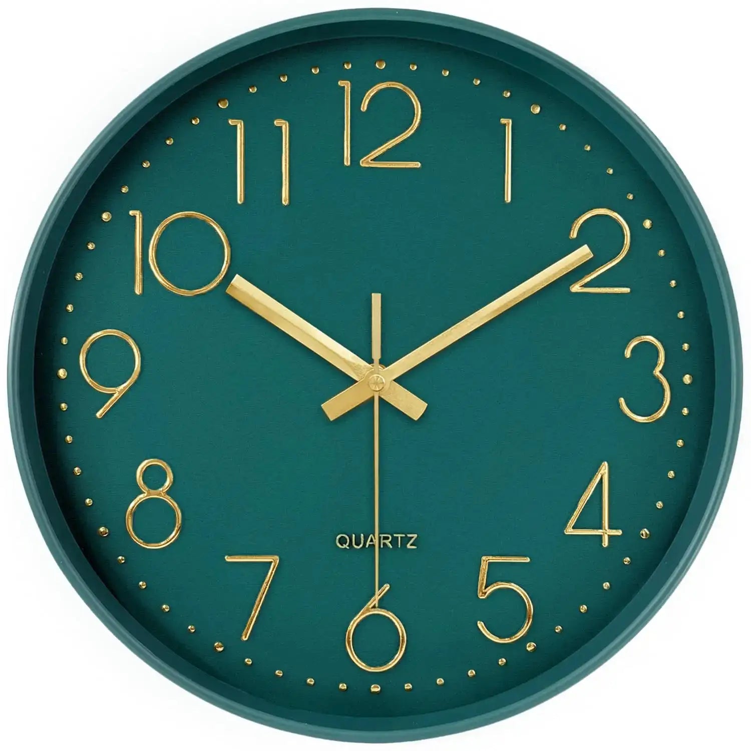Modern minimalist wall clock with teal frame and dial, gold-tone 3D numerals and hands, quartz movement
