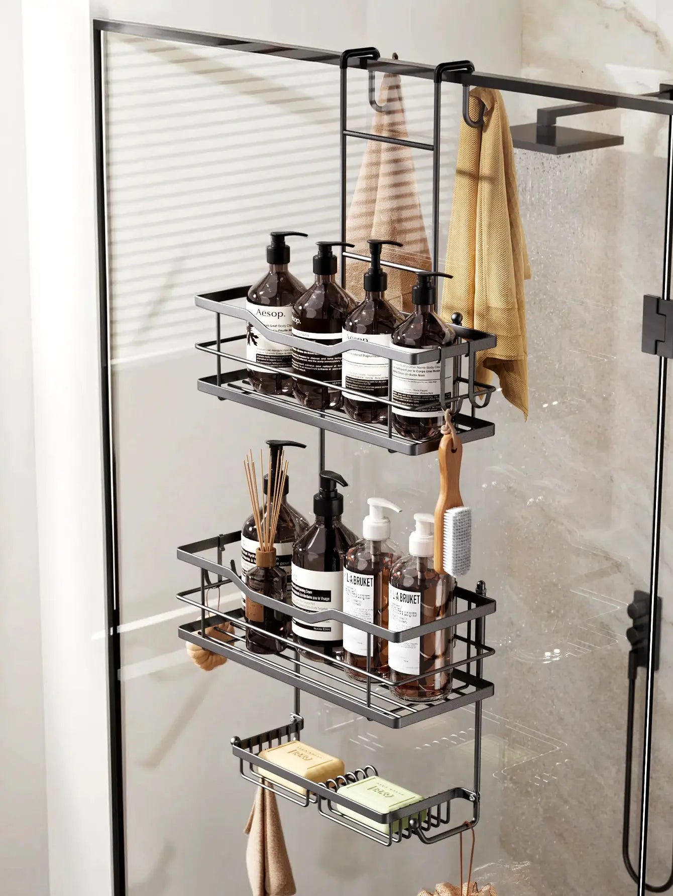 3-tier hanging shower caddy with 2 soap dishes in black/silver metal, large-capacity bathroom organizer.