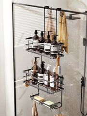 3-tier hanging shower caddy with 2 soap dishes in black/silver metal, large-capacity bathroom organizer.