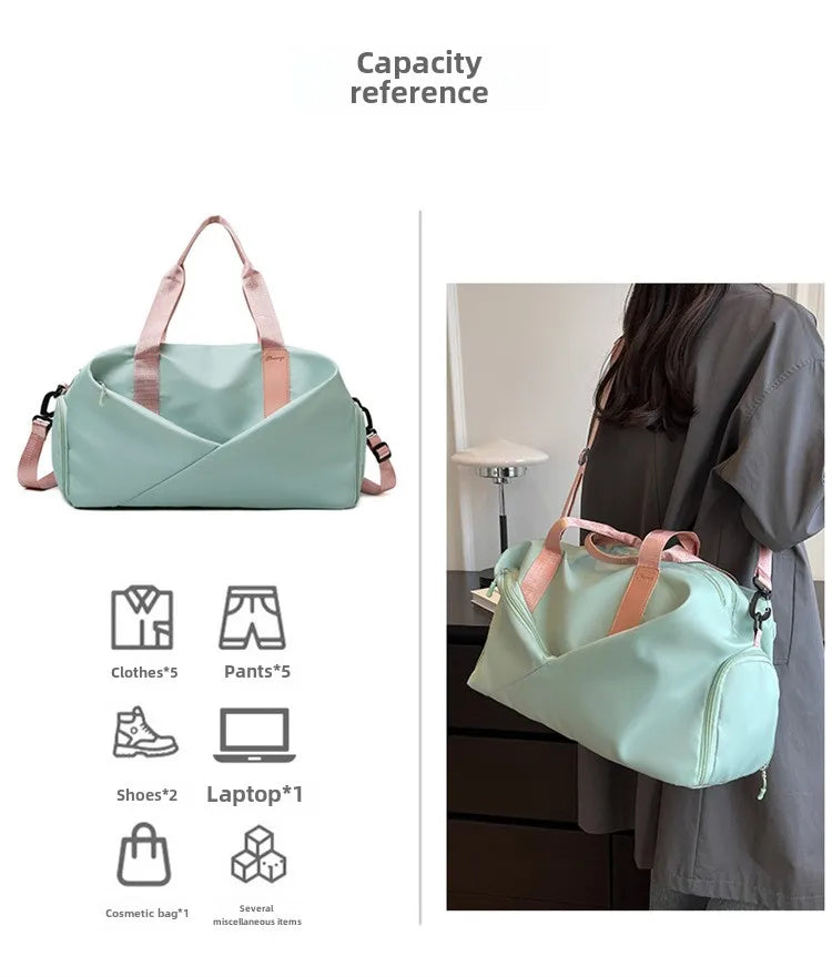 Simples Market fitness bag mint-green with pink handles, waterproof and versatile travel bag for gym and yoga