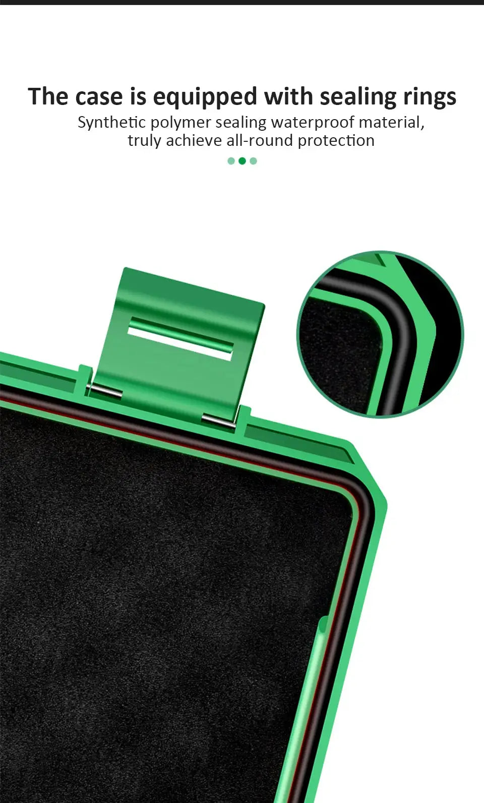 Green waterproof storage case with sealing rings and foam-lined interior for small precision tools.