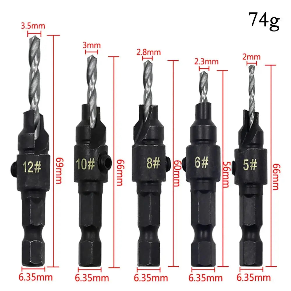 5 Piece Woodworking Taper Hex Shank Countersunk Drill Bit Set For Flush Screw Heads