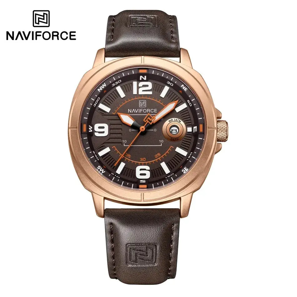 NAVIFORCE men's quartz watch with brown PU strap, rose-gold case, calendar date display, water resistant