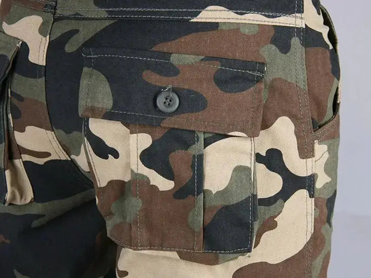 Men's camouflage cargo pants with a buttoned flap pocket and multiple pockets, cotton workwear.