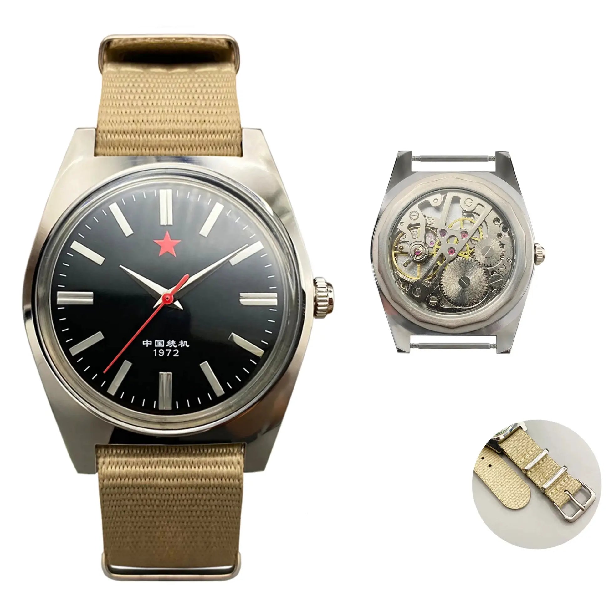 Simples Market men's mechanical watch, 36mm stainless steel case with black dial and beige fabric strap (front and back views)