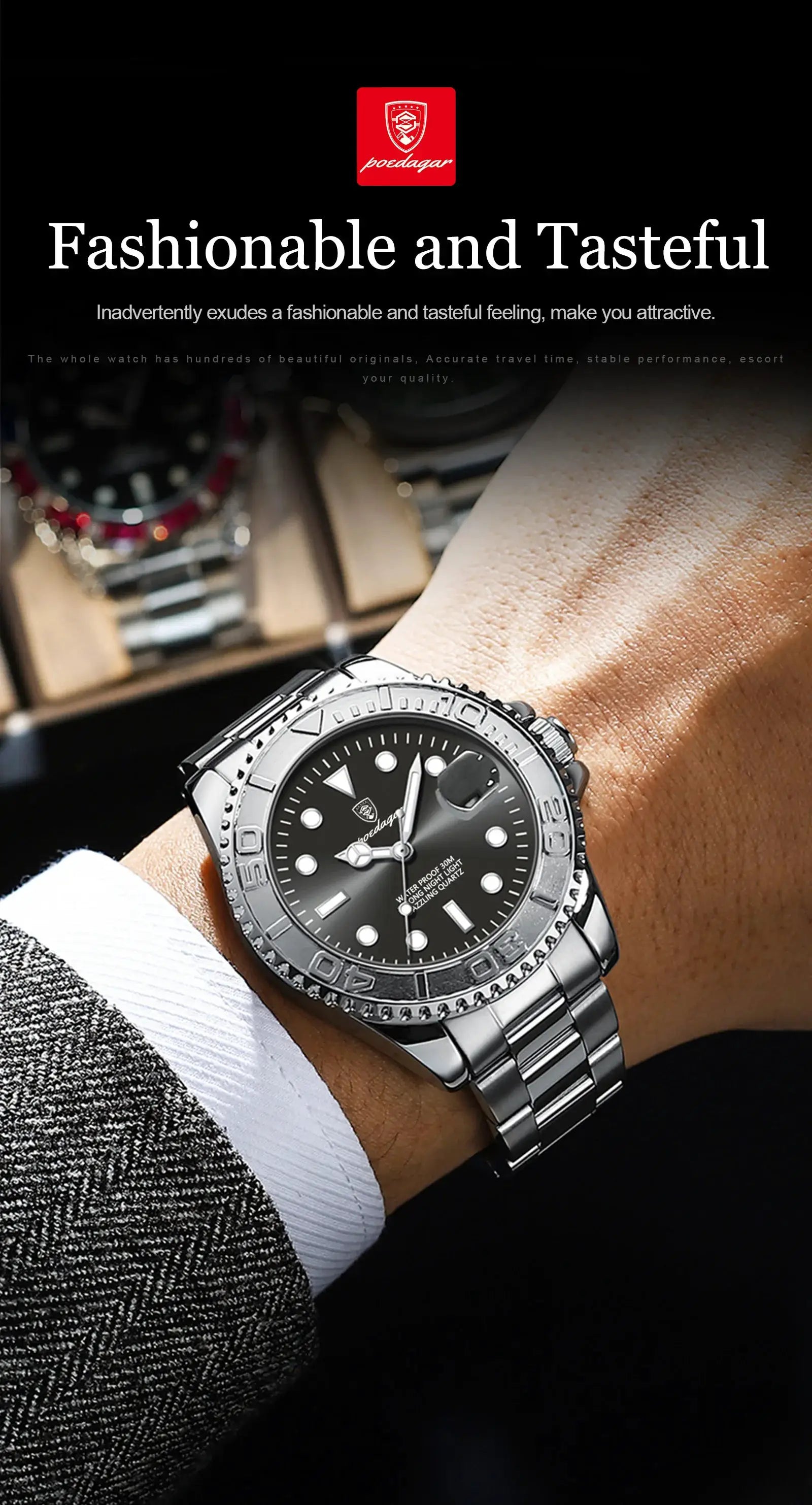 POEDAGAR luxury men's stainless steel watch with black dial and luminous markers