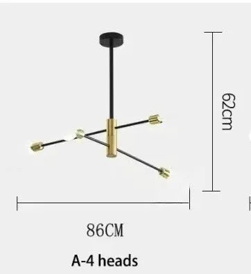 Nordic LED Chandelier four-head pendant light, black with gold accents, 86cm wide