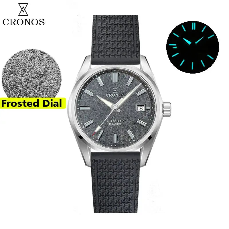 Cronos men’s 39mm automatic watch with frosted birch-pattern gray dial, black textured strap, blue lume hands