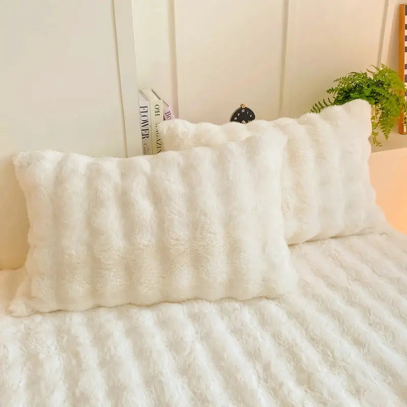 2pcs white fluffy plush pillowcases (48x74cm), soft rabbit-fleece decorative pillow shams.