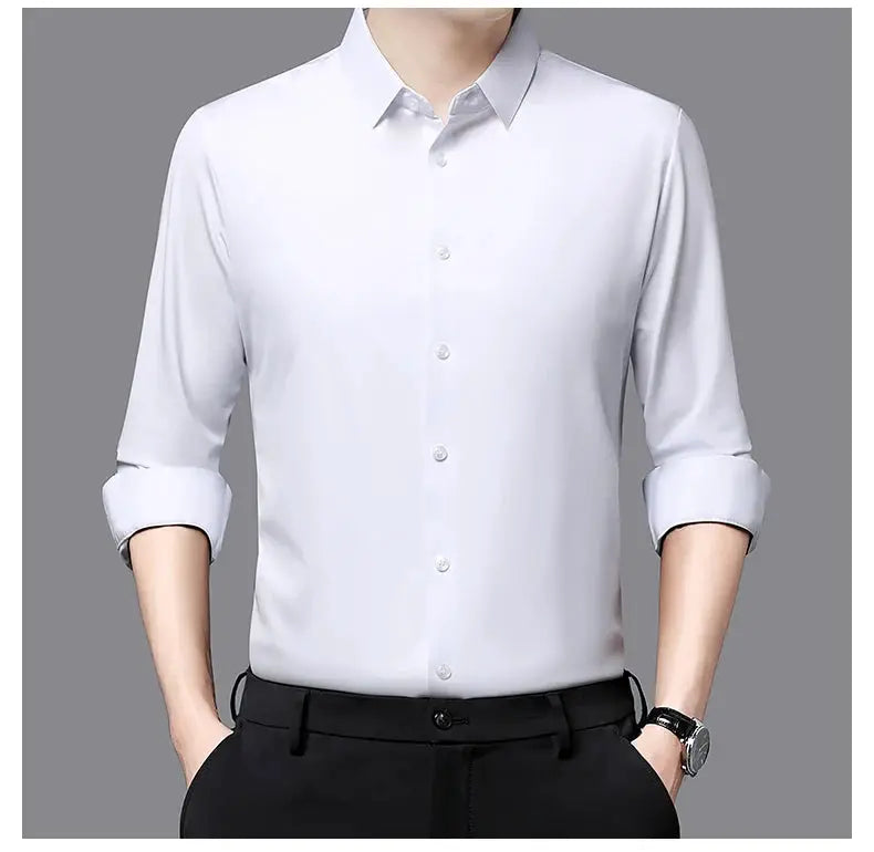 Premium men's ultra-stretch white business dress shirt with long sleeves