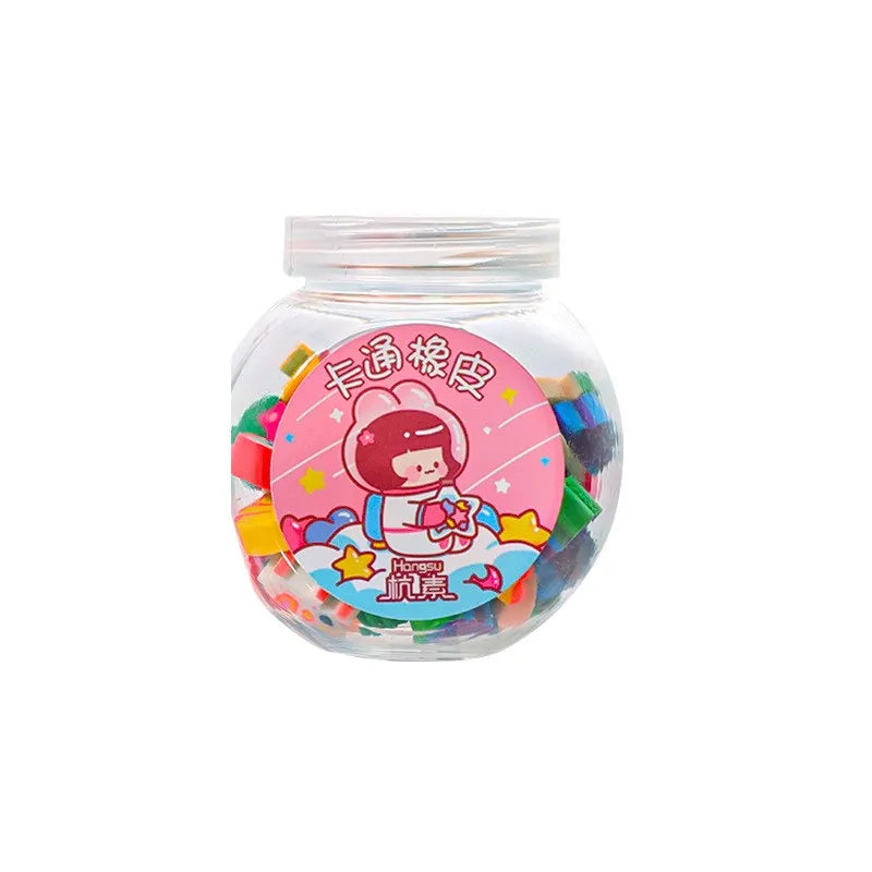 Kawaii pencil erasers in a clear jar by Simples Market, 50–100 pcs of colorful animal and fruit shapes