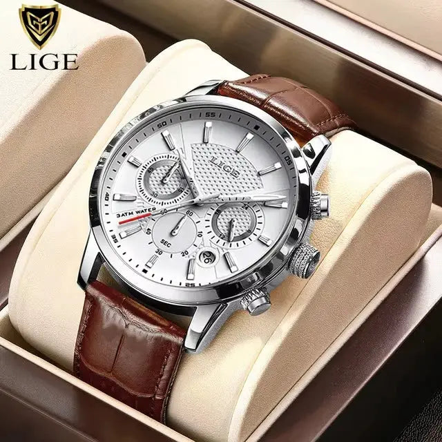 LIGE men's quartz wristwatch with brown leather strap, silver case, white dial, in a presentation box