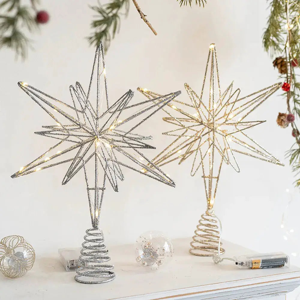 Gold Christmas Tree Topper Star With LED String Lights Ornament For Home Decor Party Festive New Year