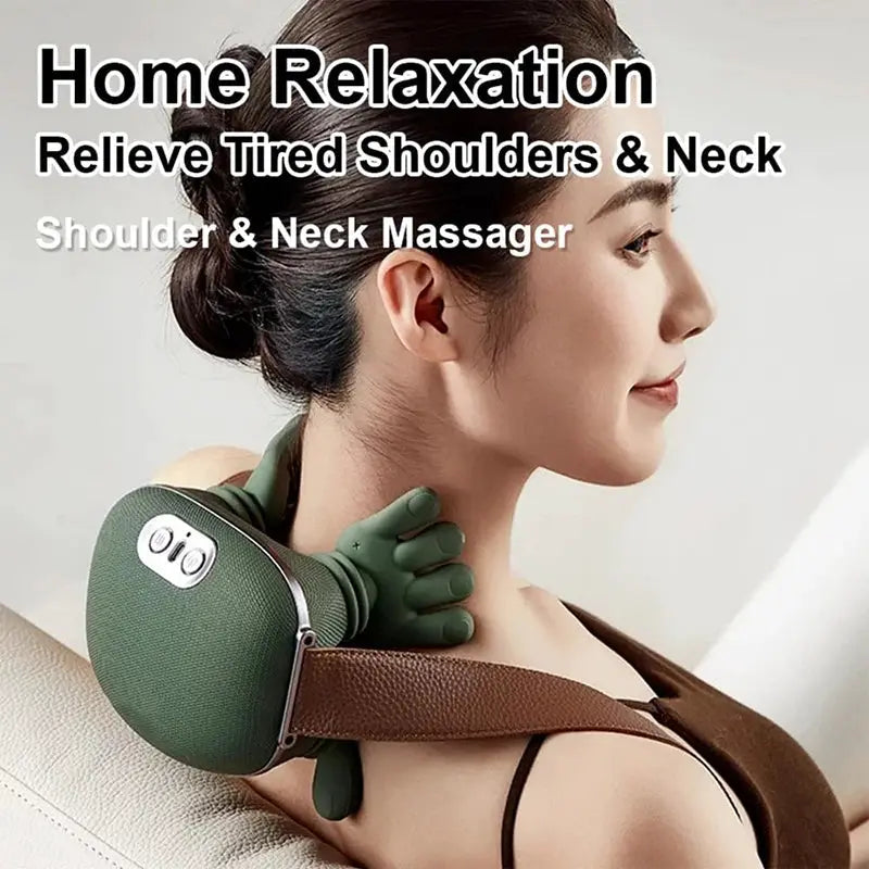 Green neck and shoulder kneading massager worn around the neck with brown strap and 3-level modes