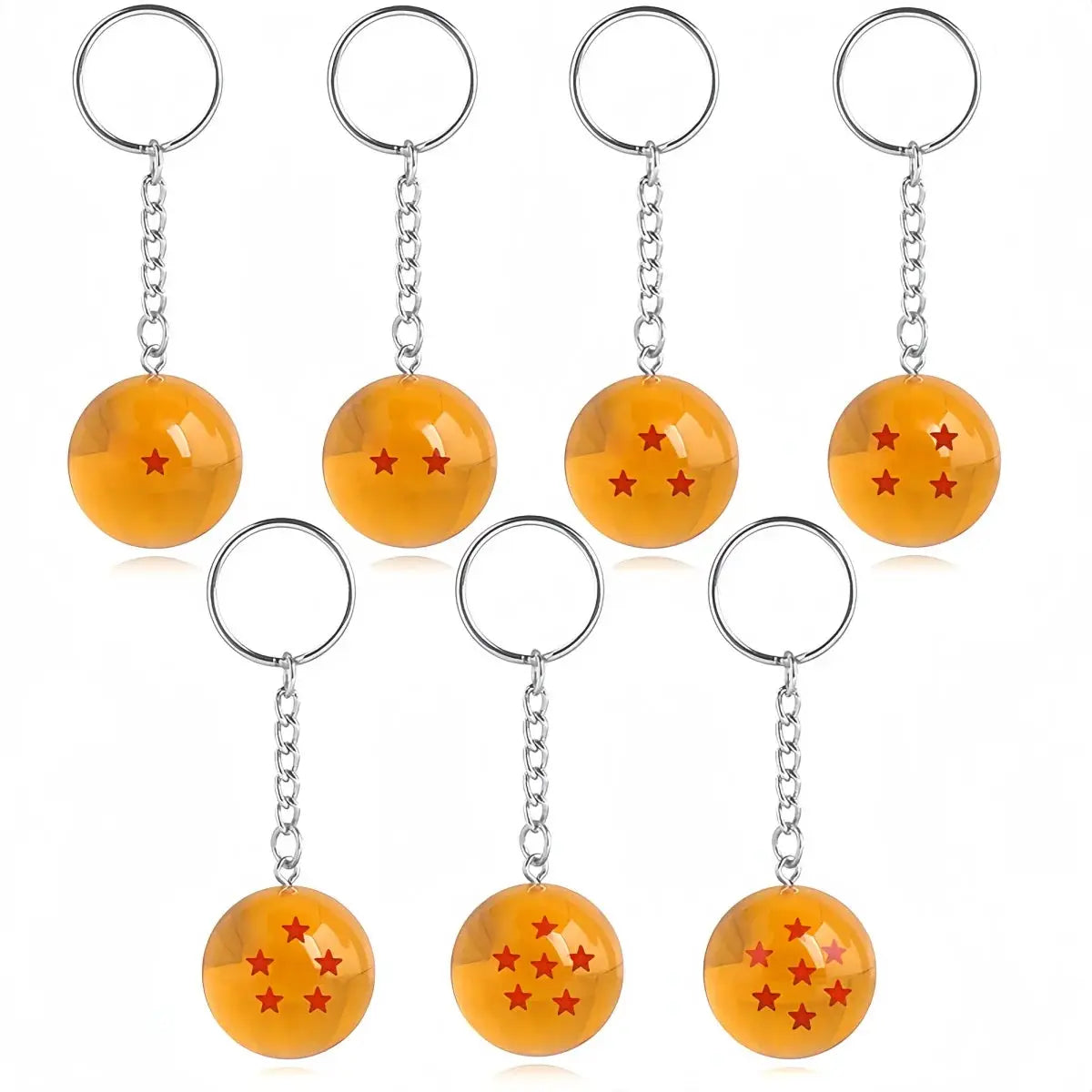 8 orange Dragon Ball bead keychains with red stars on silver chains and rings